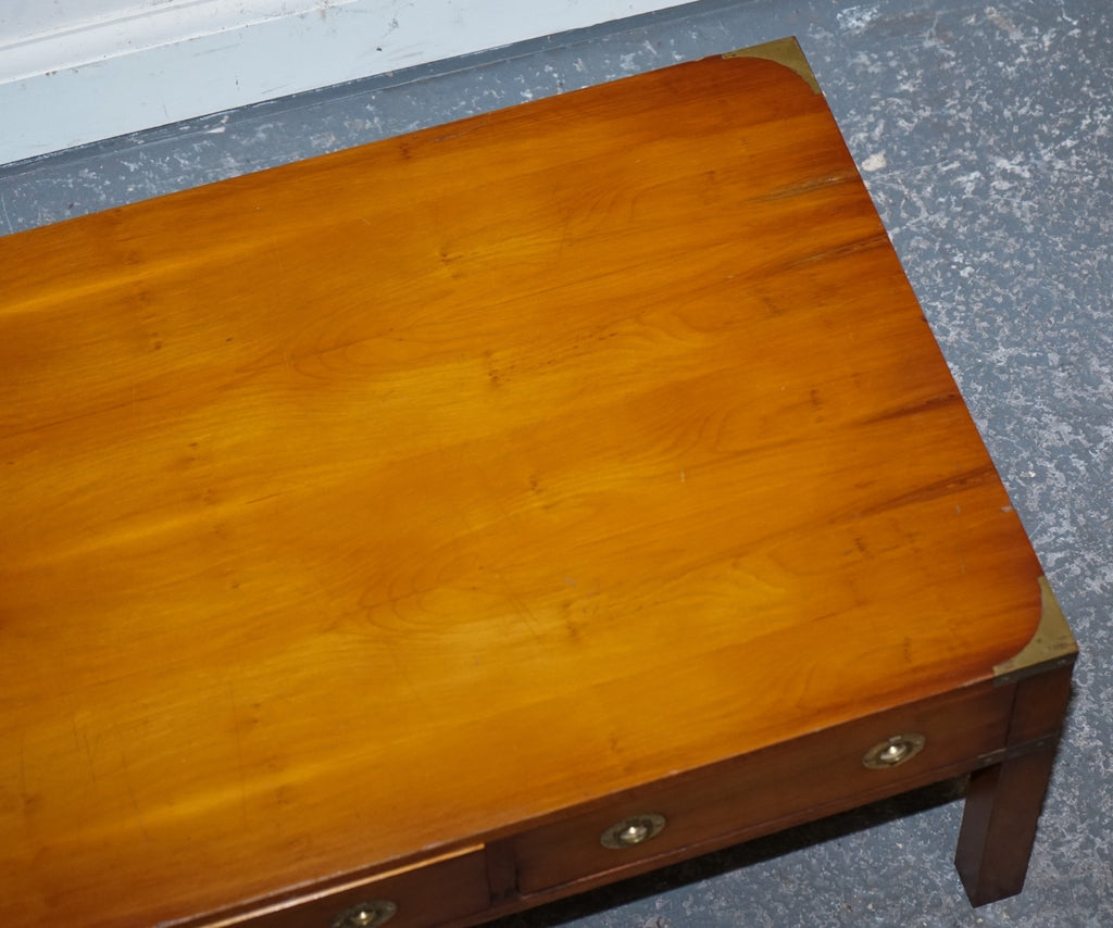VINTAGE BURR YEW WOOD BRASS MILITARY CAMPAIGN 3 DRAWER COFFEE TABLE