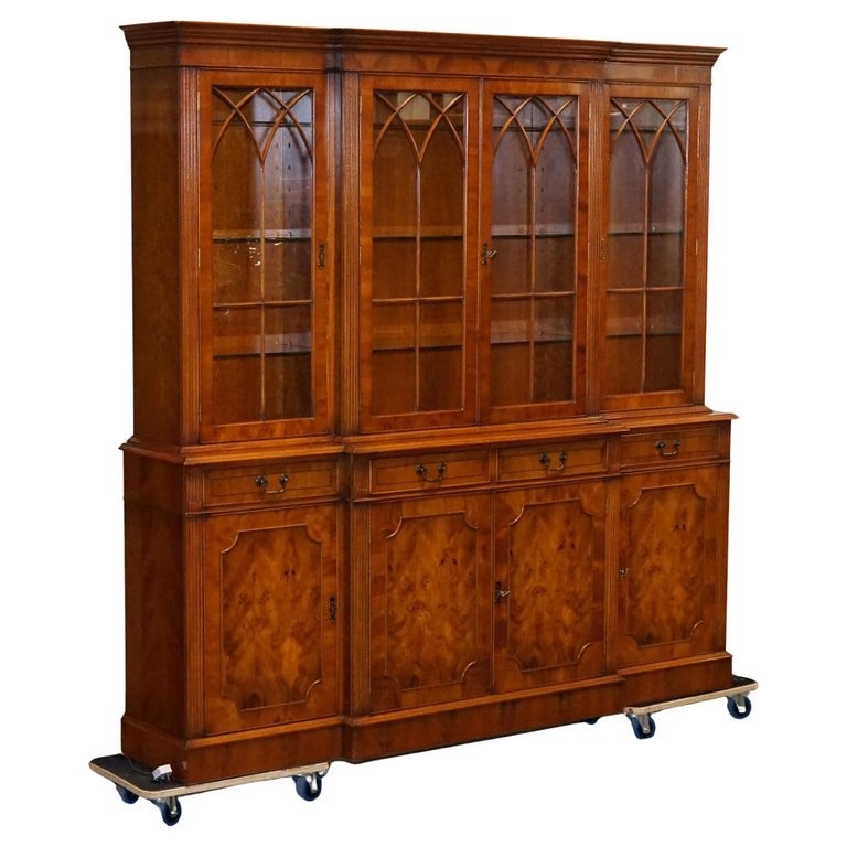 VINTAGE GEORGIAN STYLE YEW WOOD FOUR DOOR DISPLAY CABINET BOOKCASE