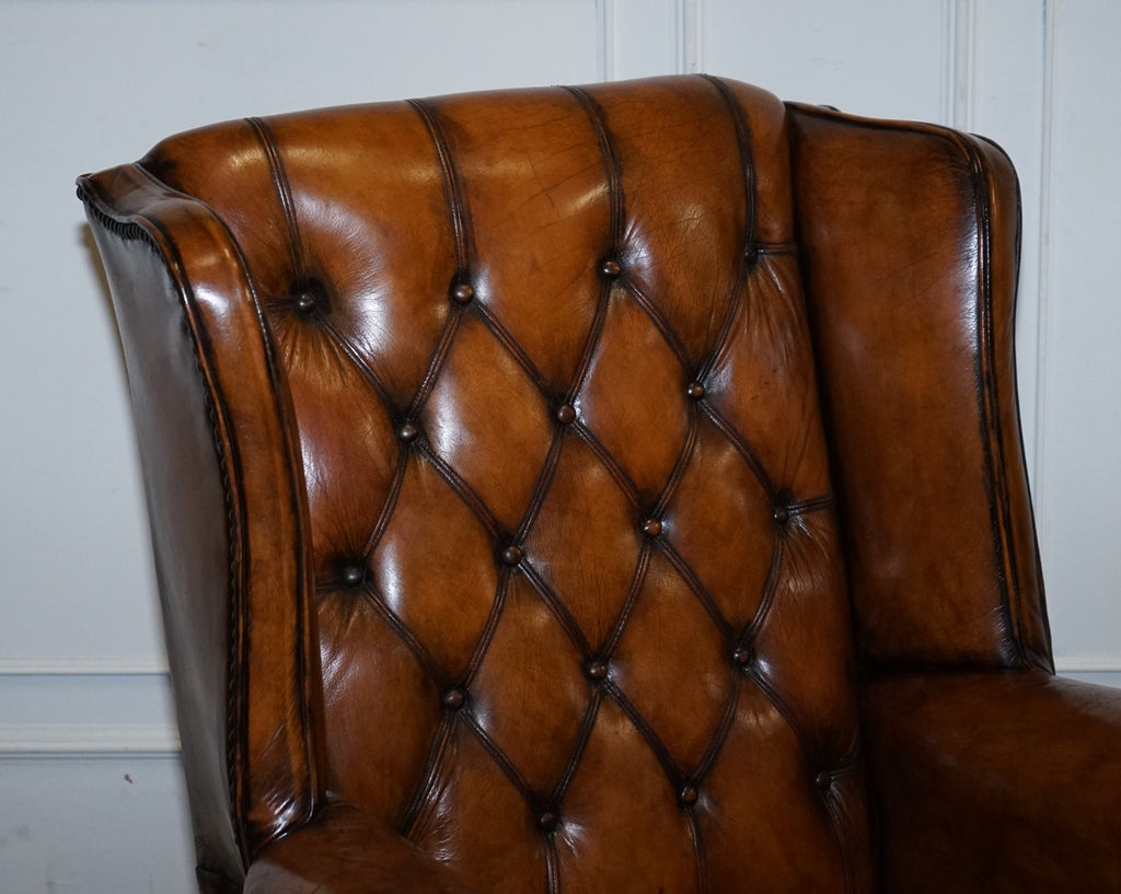 STUNNING 1960'S HAND DYED BROWN LEATHER CHESTERFIELD WINGBACK ARMCHAIRS