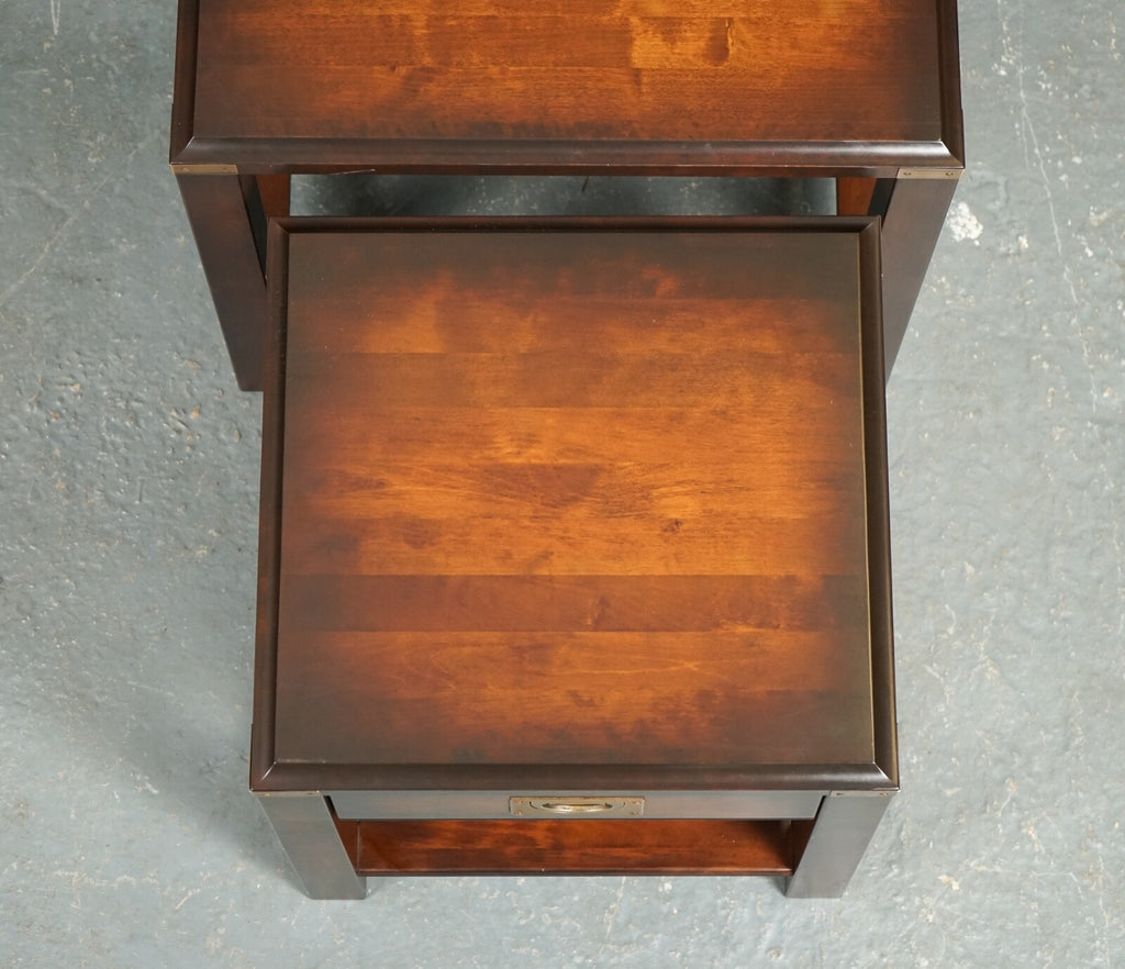 VINTAGE MAHOGANY & BRASS MILITARY CAMPAIGN NEST OF TABLES WITH DRAWER