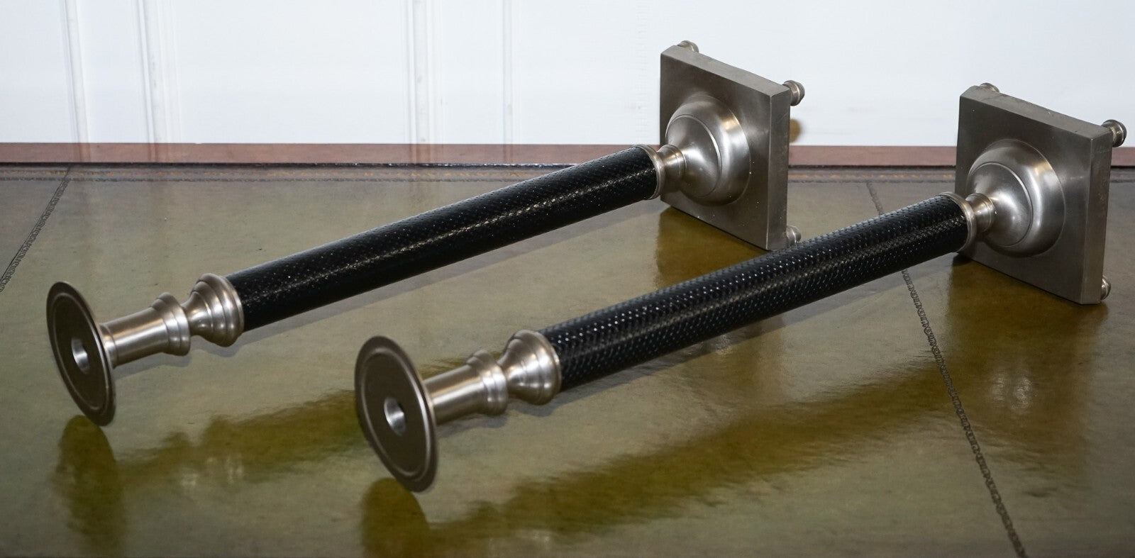 PAIR OF SILVER STAINLESS STEEL & BLACK RALPH LAUREN STYLE CANDLEHOLDERS