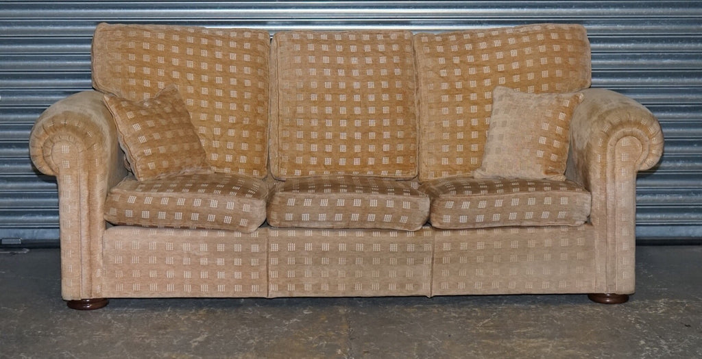 STUNNING DURESTA THREE SEATER WALDORF SOFA IN GOLD CHECKERED FABRIC