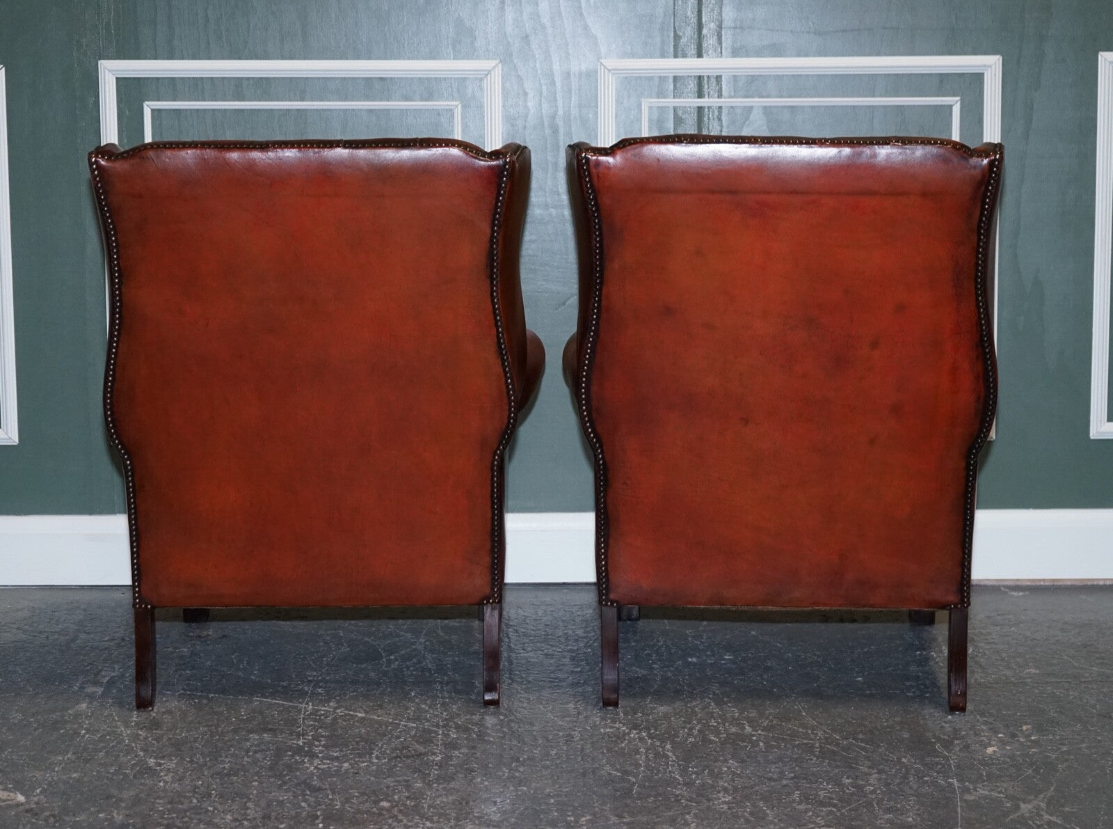 STUNNING PAIR OF BURGUNDY BROWN LEATHER HAND DYED WINGBACK CHAIRS