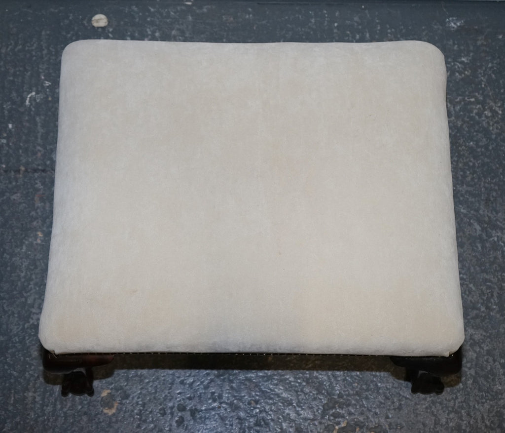 ANTIQUE EARLY VICTORIAN CLAW AND BALL FEET FOOTSTOOL WITH WHITE SUEDE TOP