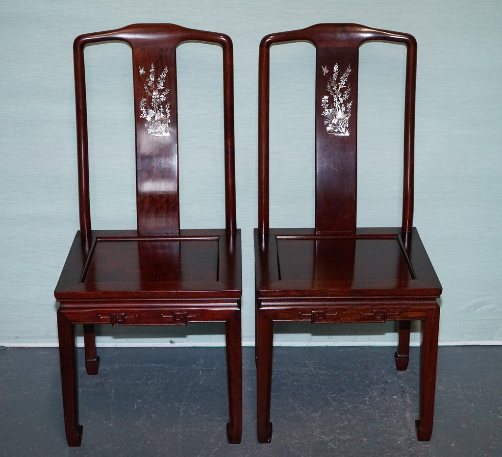 PAIR OF ORIENTAL CHINESE HARDWOOD MOTHER OF PEARL INLAID HALL CHAIRS