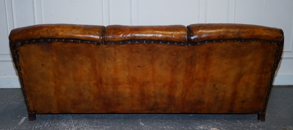 RESTORED HAND DYED LEATHER THREE SEATER SOFA HOWARD & SONS STYLE FEATHER FILLED