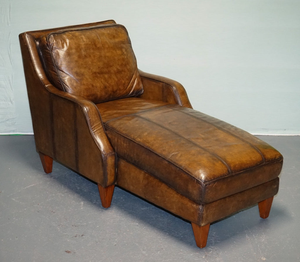DEEP COGNAC HAND DYED LEATHER CHAISE LOUNGE ARMCHAiR SEATING