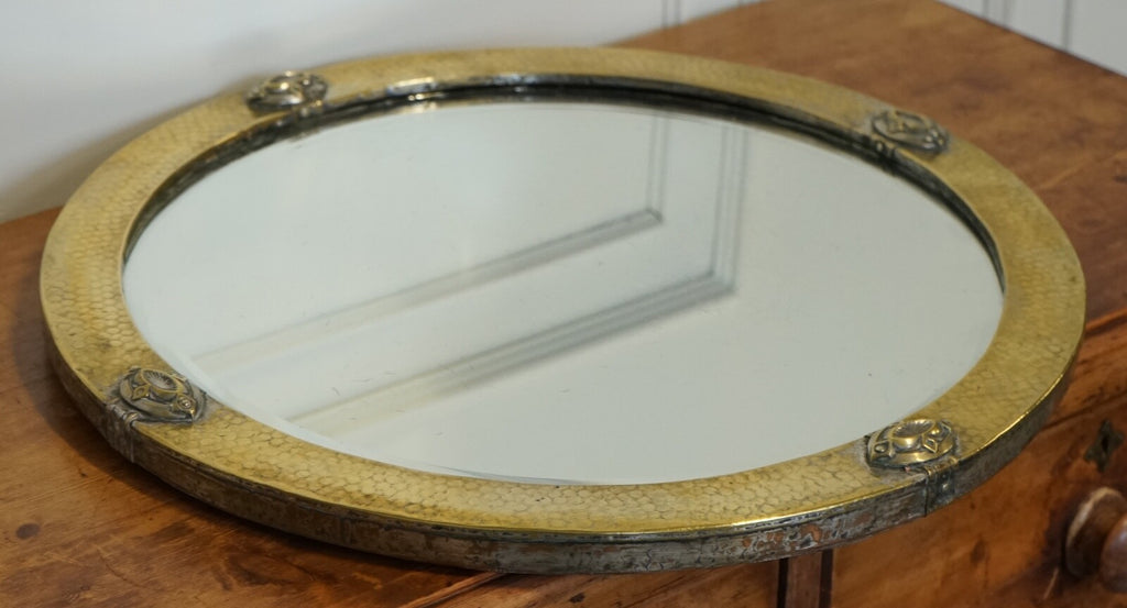 ARTS & CRAFTS LIBERTYS OF LONDON HAMMERED BRASS WALL MIRROR CIRCA 1910