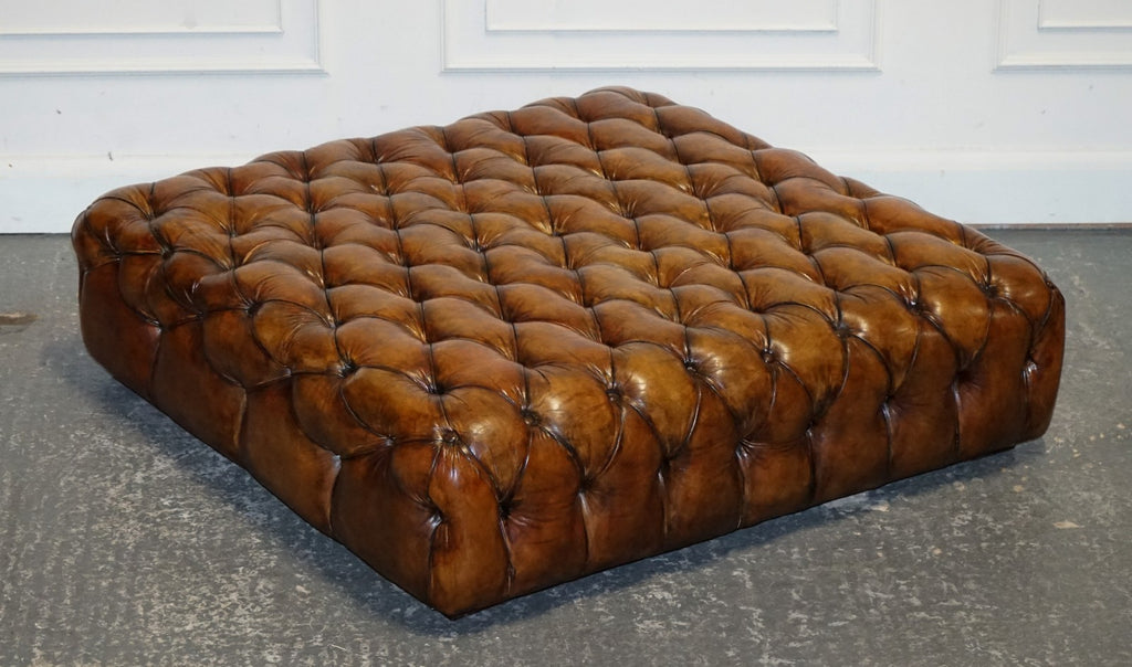 STUNNING LARGE HAND DYED BROWN LEATHER CHESTERFIELD FOOTSTOOL OTTOMAN