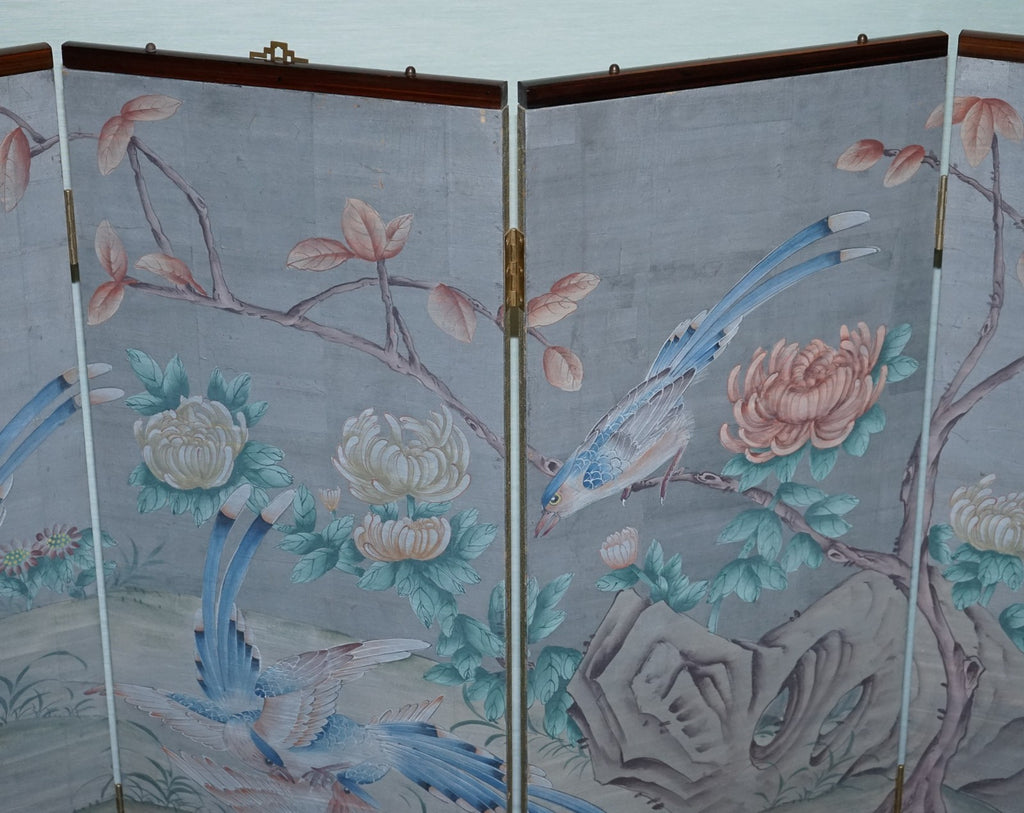 VINTAGE EXOTIC ORIENTAL BIRDS & FLOWERS FOLDING FOUR PANEL PETITE ROOM DIVIDER