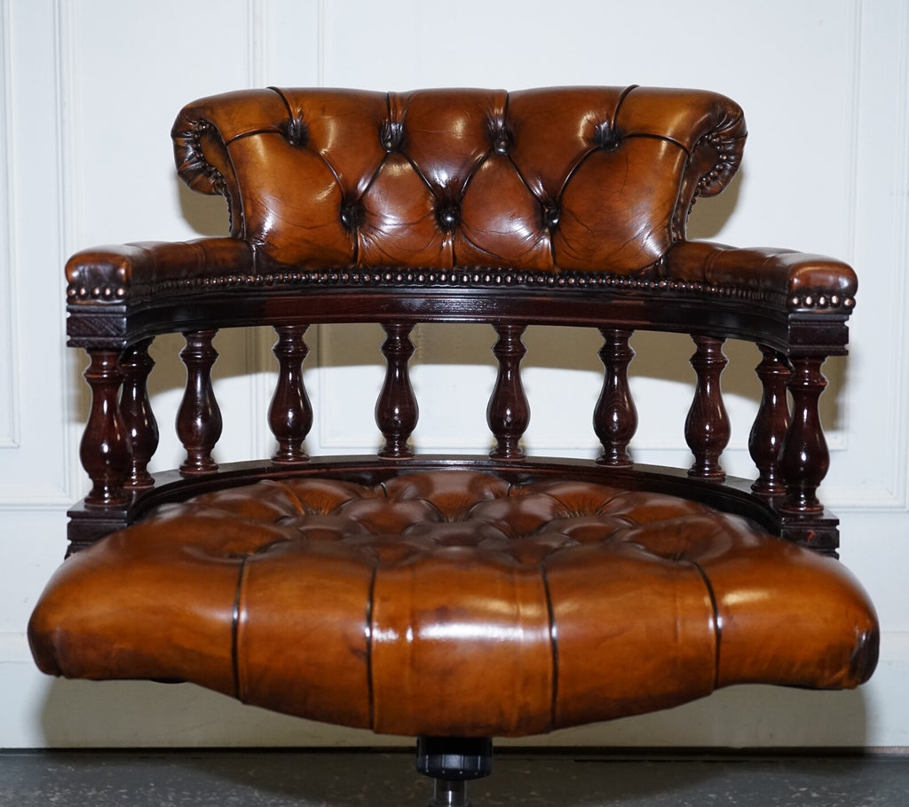 FULLY RESTORED CIGAR BROWN LEATHER CHESTERFIELD CAPTAINS OFFICE SWIVEL ARMCHAIR
