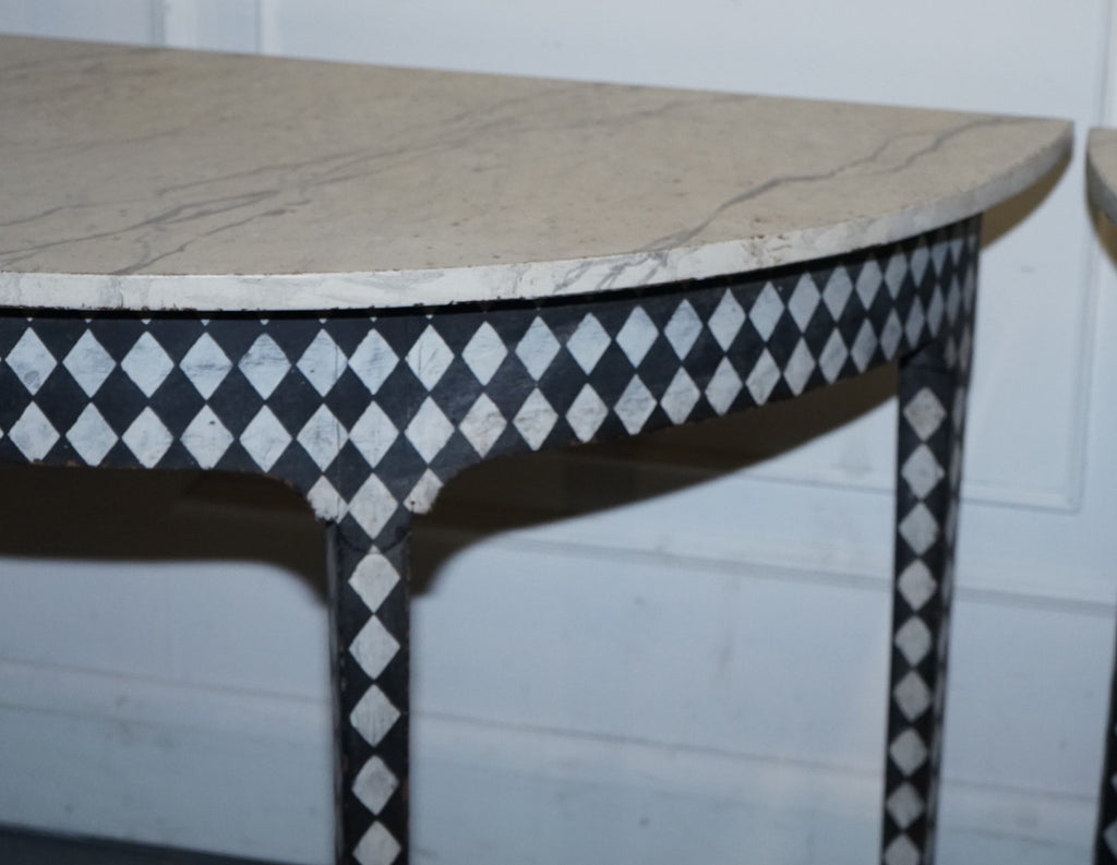 ENGLISH GEORGIAN HAND PAINTED PAIR OF DEMI LUNE SIDE CONSOLE TABLE MARBLE EFFECT
