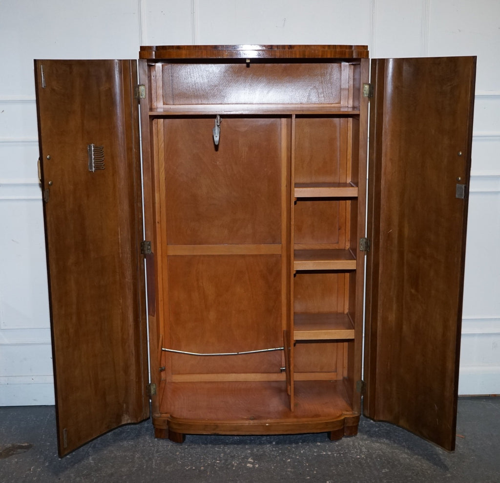 ANTIQUE CIRCA 1930'S ENGLISH BURR WALNUT ART DECO TWO DOOR WARDROBE WITH SHELVES