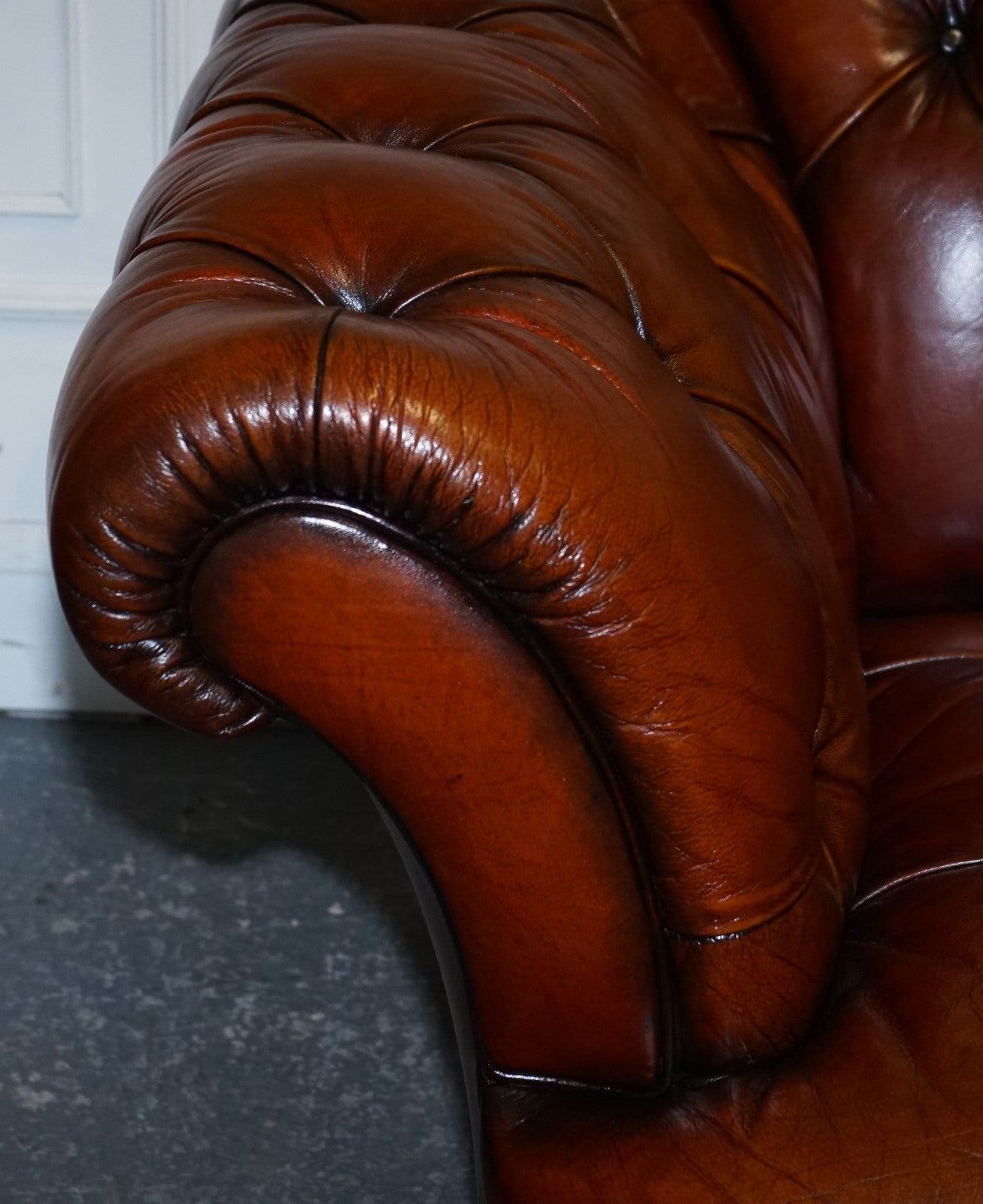 RESTORED HAND DYED LEATHER THREE SEATER CHESTERFIELD TETRAD OSKAR SOFA