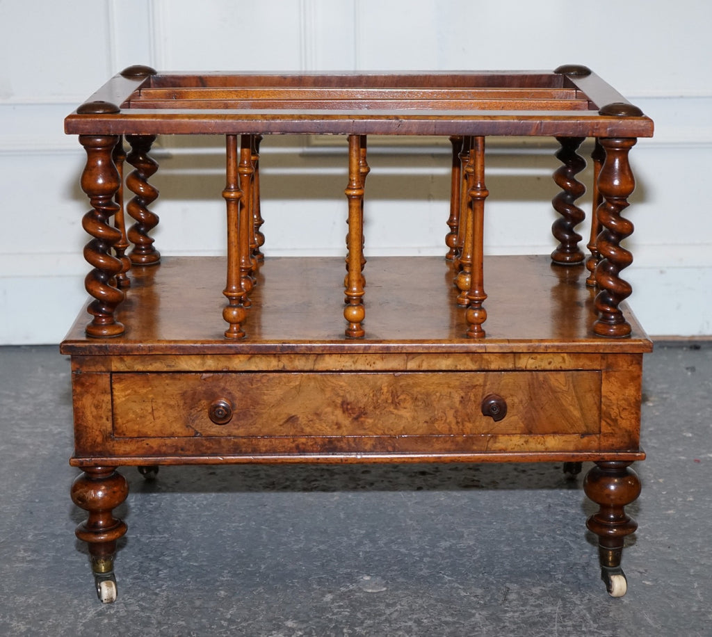 FINE ANTIQUE VICTORIAN 1860 BURR WALNUT CANTERBURY MAGAZINE RACK BOBBIN COLUMNS