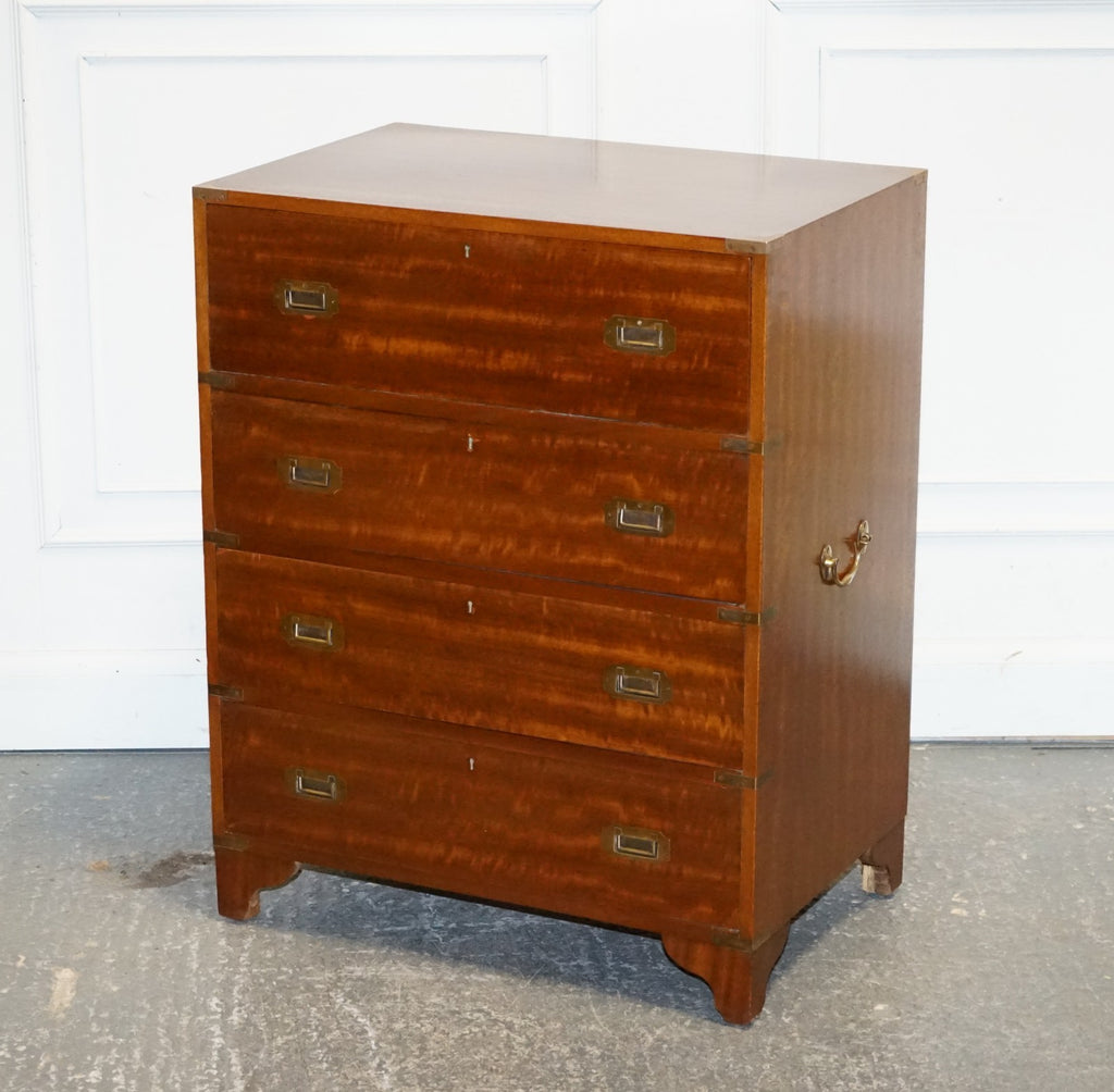 VINTAGE MILITARY CAMPAIGN SECRETAIRE CHEST OF DRAWERS WITH AGED RED LEATHER