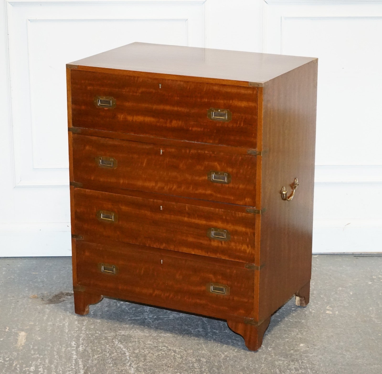 VINTAGE MILITARY CAMPAIGN SECRETAIRE CHEST OF DRAWERS WITH AGED RED LEATHER