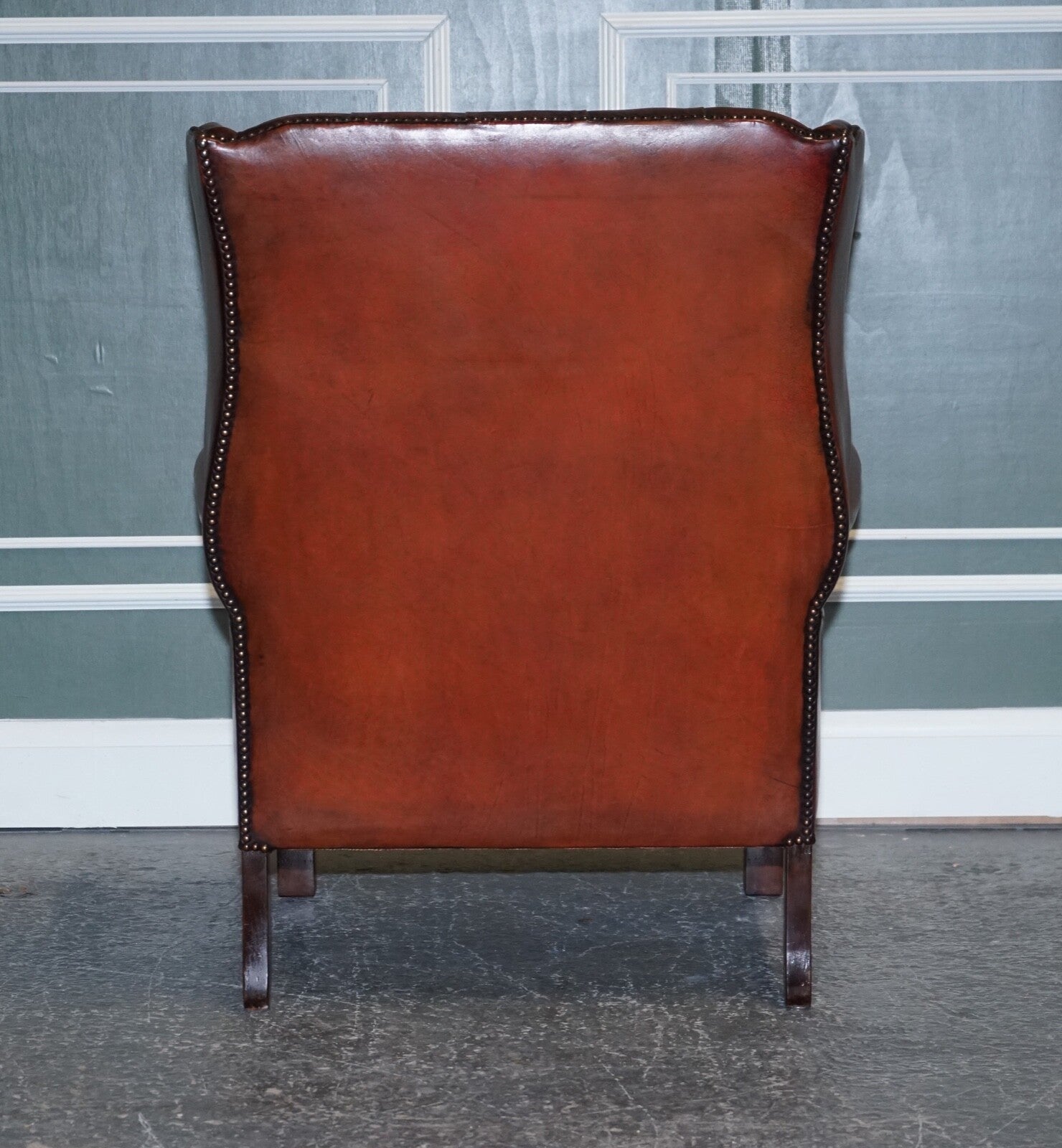 STUNNING PAIR OF BURGUNDY BROWN LEATHER HAND DYED WINGBACK CHAIRS