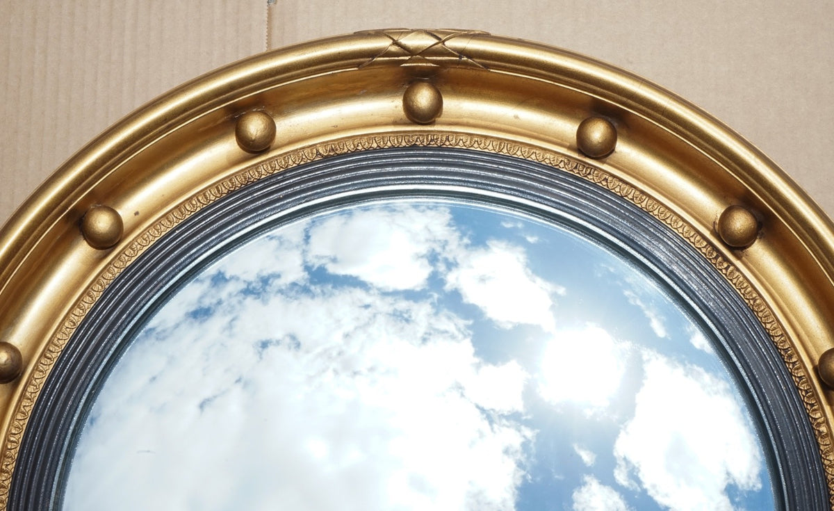 ANTIQUE 1920S BUTLERS CONVEX GOLD GILT WOOD WALL MIRROR