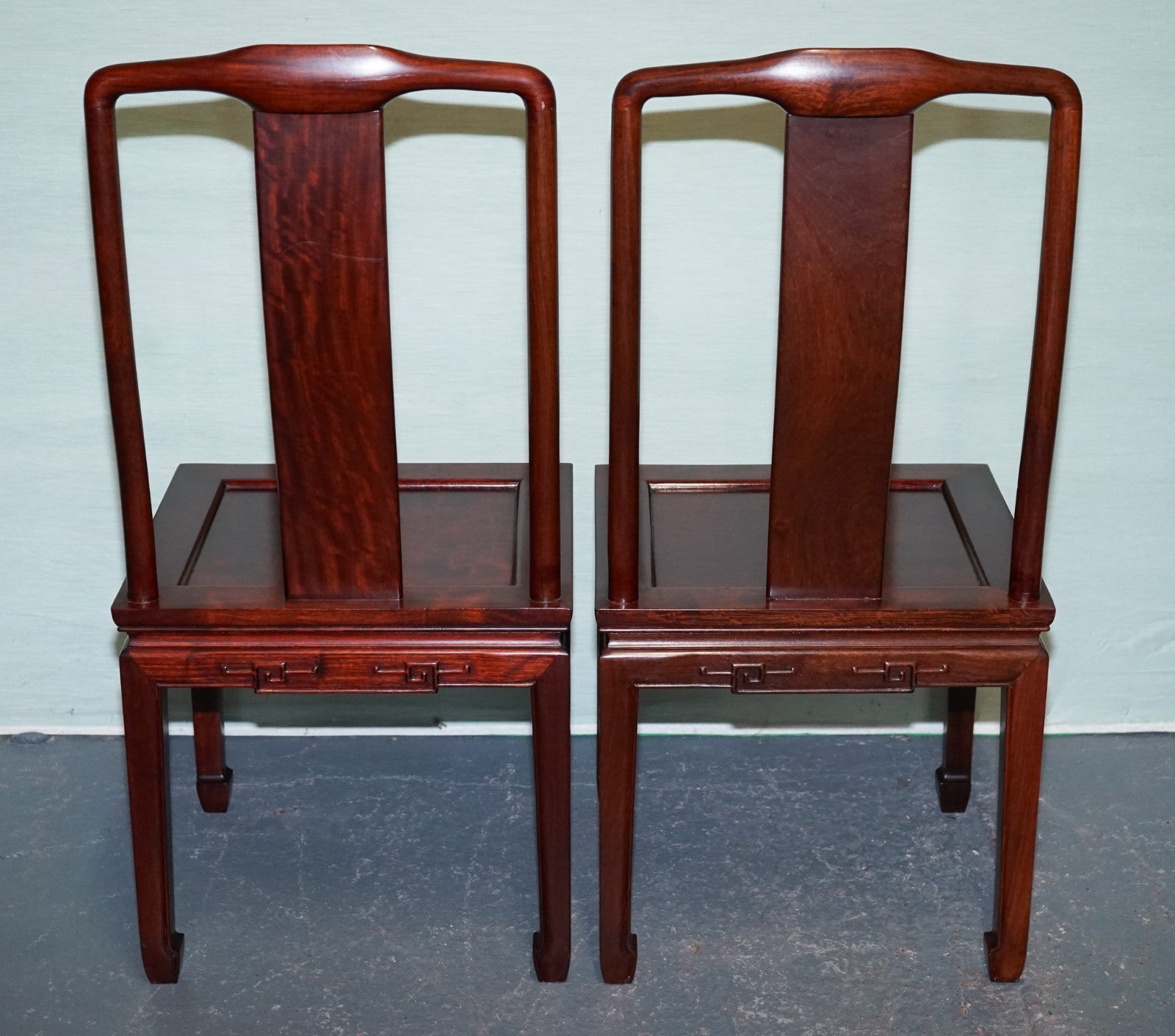 PAIR OF ORIENTAL CHINESE HARDWOOD MOTHER OF PEARL INLAID HALL CHAIRS