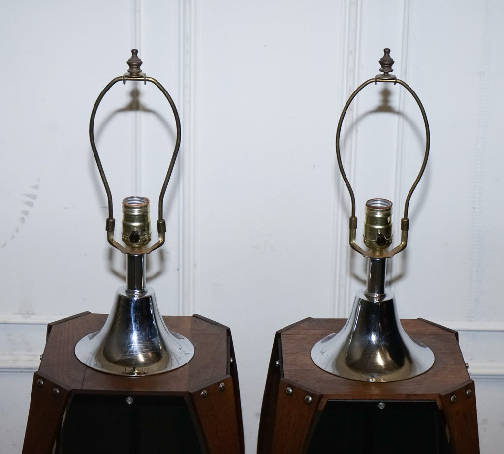PAIR OF LARGE MODERN DANISH ACRYLIC & TEAK MID CENTURY LAMPS