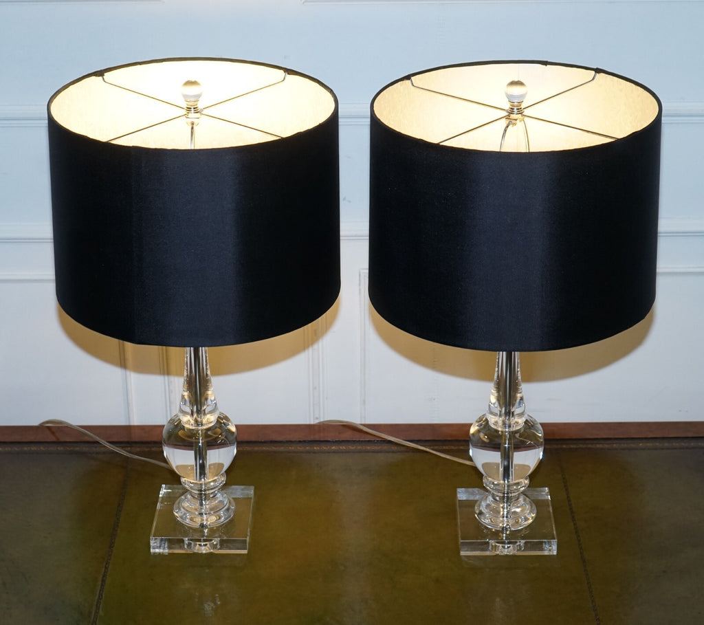 PAIR OF CLEAR GLASS TABLE LAMPS WITH BLACK SHADES