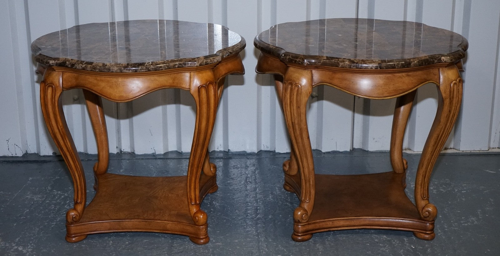 VINTAGE PAIR OF FRENCH STYLE SIDE LAMP TABLES WITH FAUX MARBLE TOPS