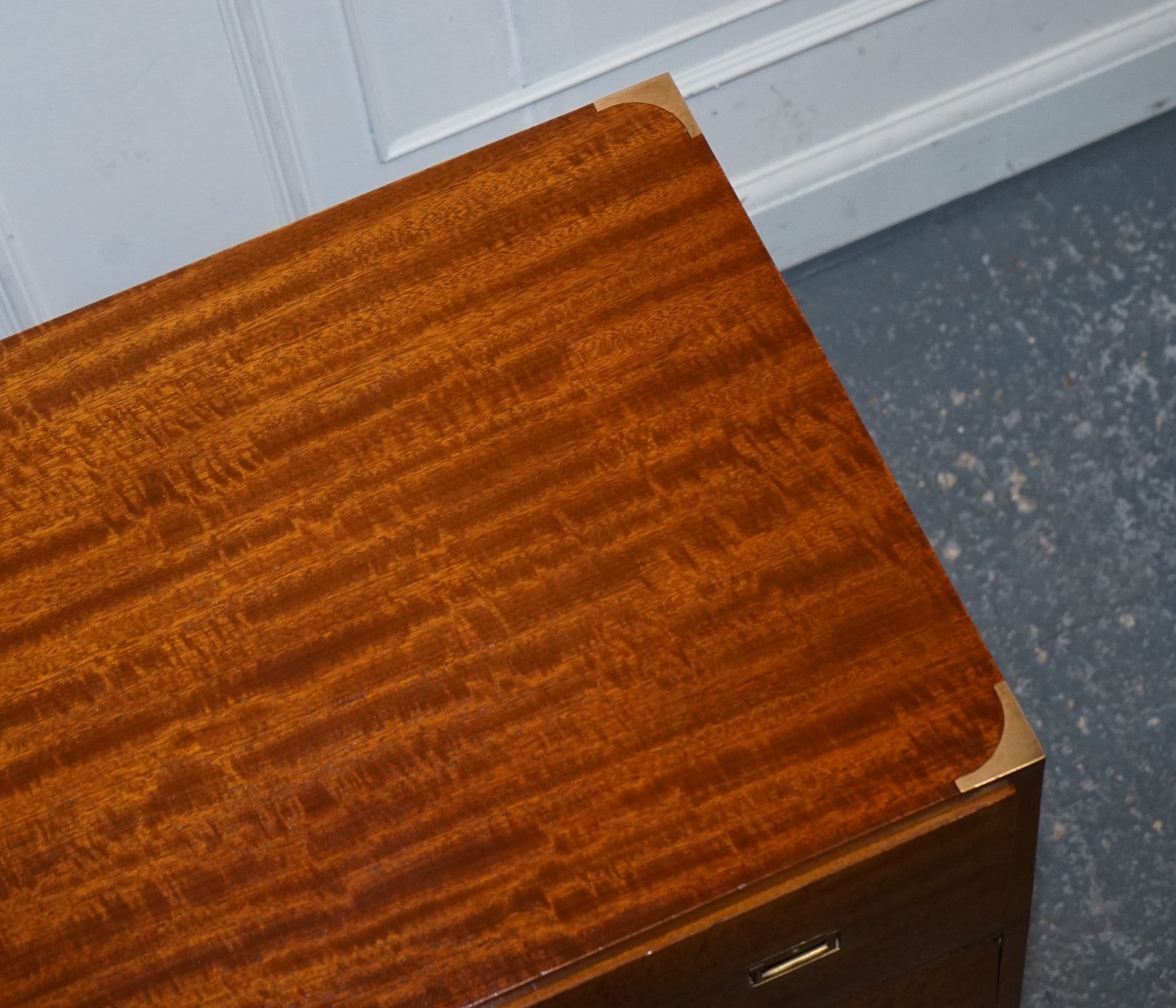 VINTAGE MILITARY CAMPAIGN SECRETAIRE CHEST OF DRAWERS WITH AGED RED LEATHER