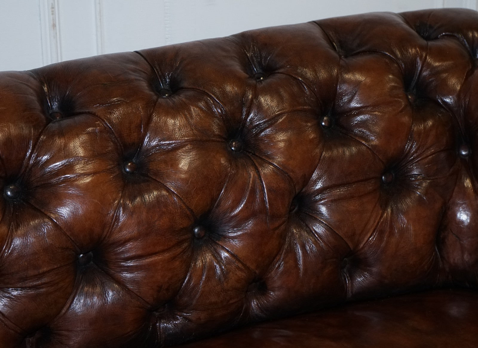 ANTIQUE SWEDISH CHESTERFIELD HAND DYED LEATHER FULLY COIL SPRUNG THREE SEAT SOFA