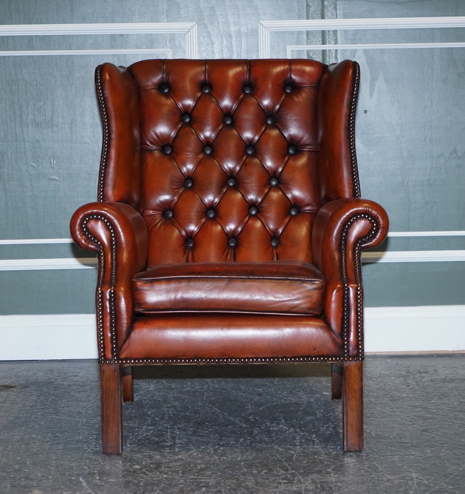 STUNNING PAIR OF BURGUNDY BROWN LEATHER HAND DYED WINGBACK CHAIRS