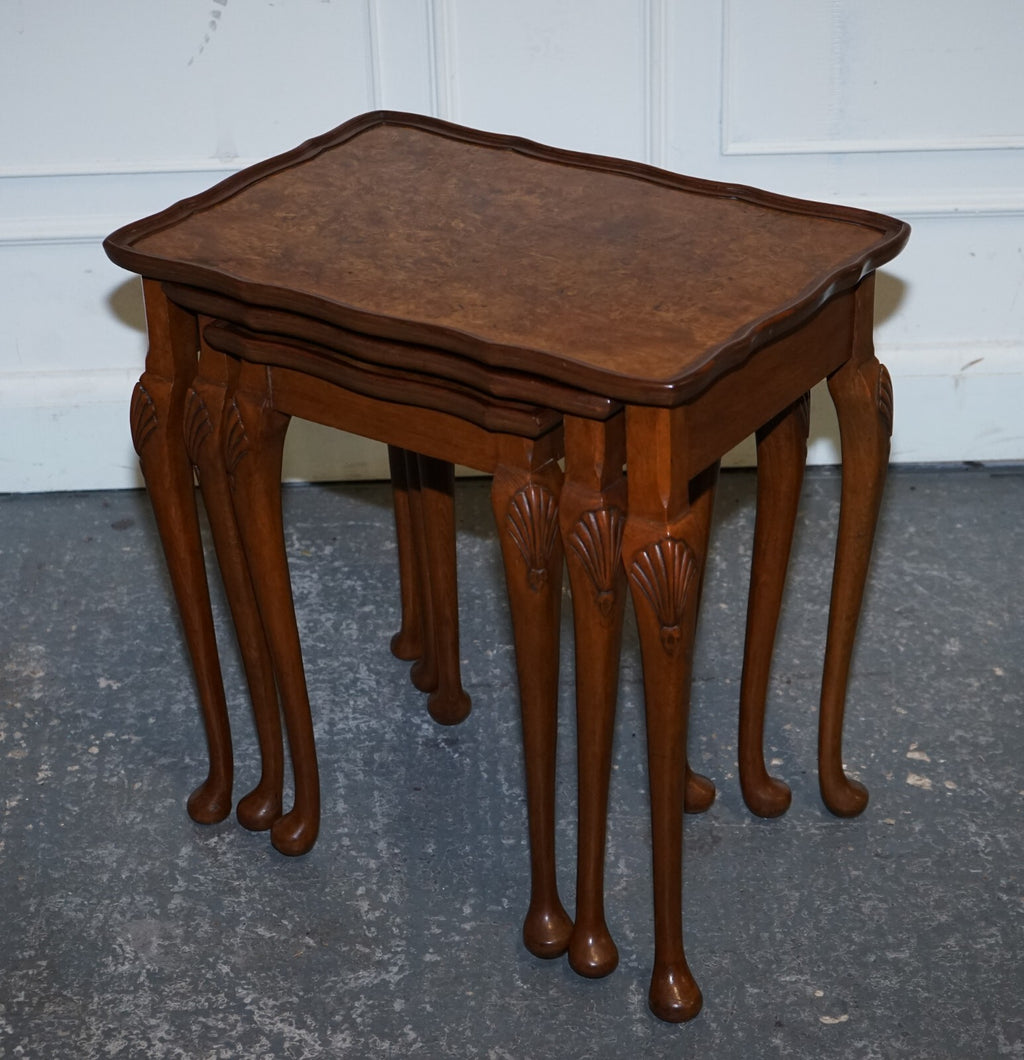 1920 ART DECO BURR WALNUT NEST OF THREE TABLES QUEEN ANNE LEGS