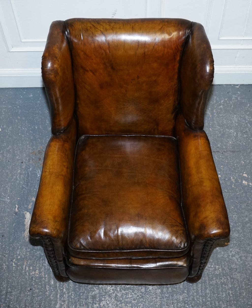 STUNNING EARLY VICTORIAN HAND DYED BROWN LEATHER READING LOUNGE ARMCHAIR