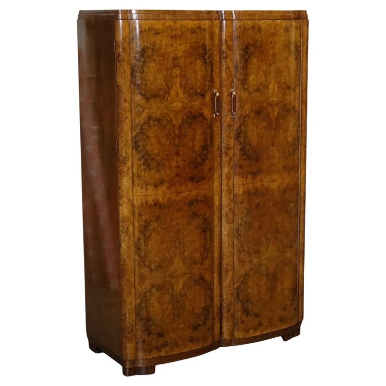 ANTIQUE CIRCA 1930'S ENGLISH BURR WALNUT ART DECO TWO DOOR WARDROBE