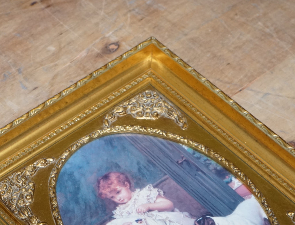 VINTAGE VICTORIAN STYLE PRINT GIRL WITH DOG AND PUPPIES GITLED FRAME 52 X 42 CM