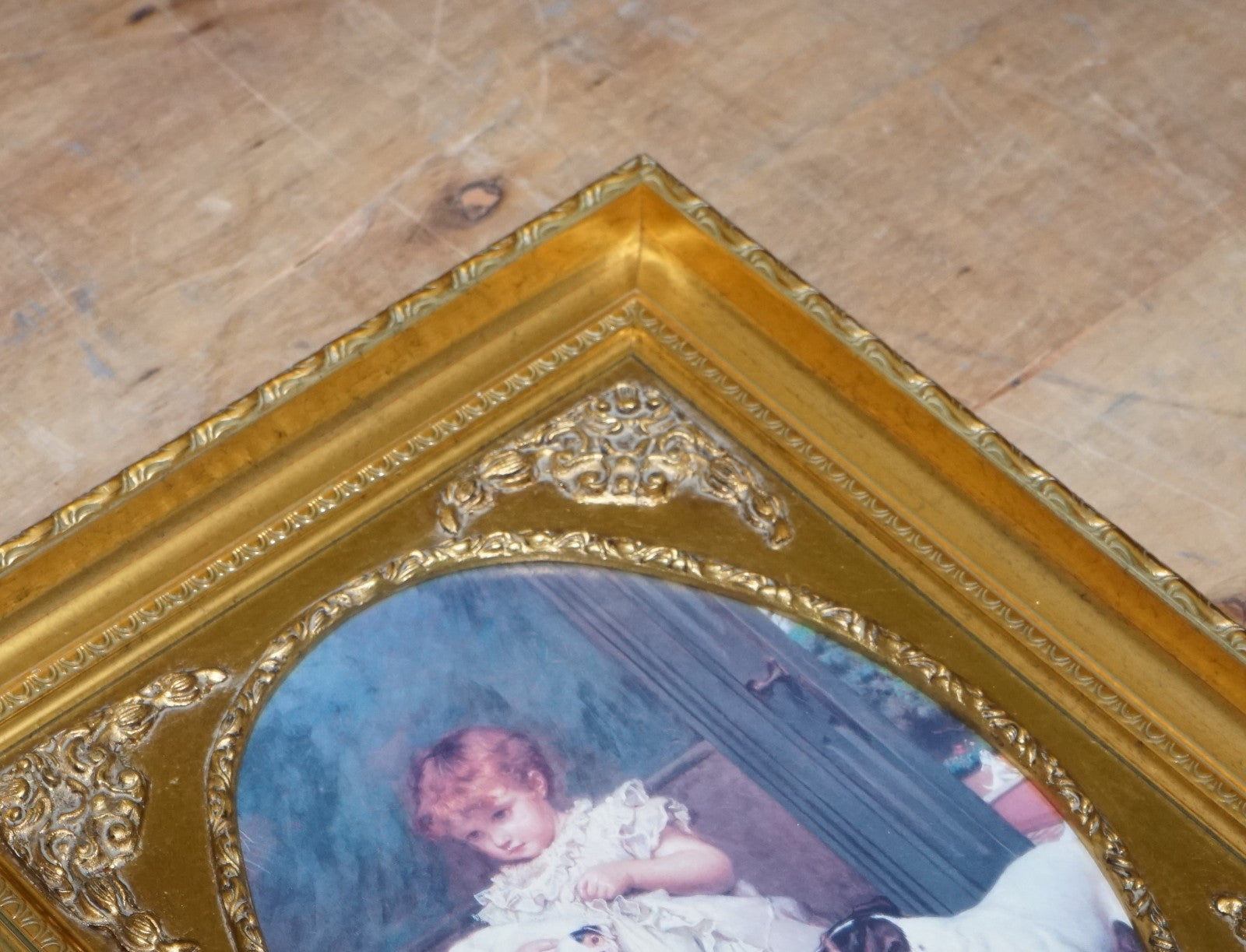 VINTAGE VICTORIAN STYLE PRINT GIRL WITH DOG AND PUPPIES GITLED FRAME 52 X 42 CM