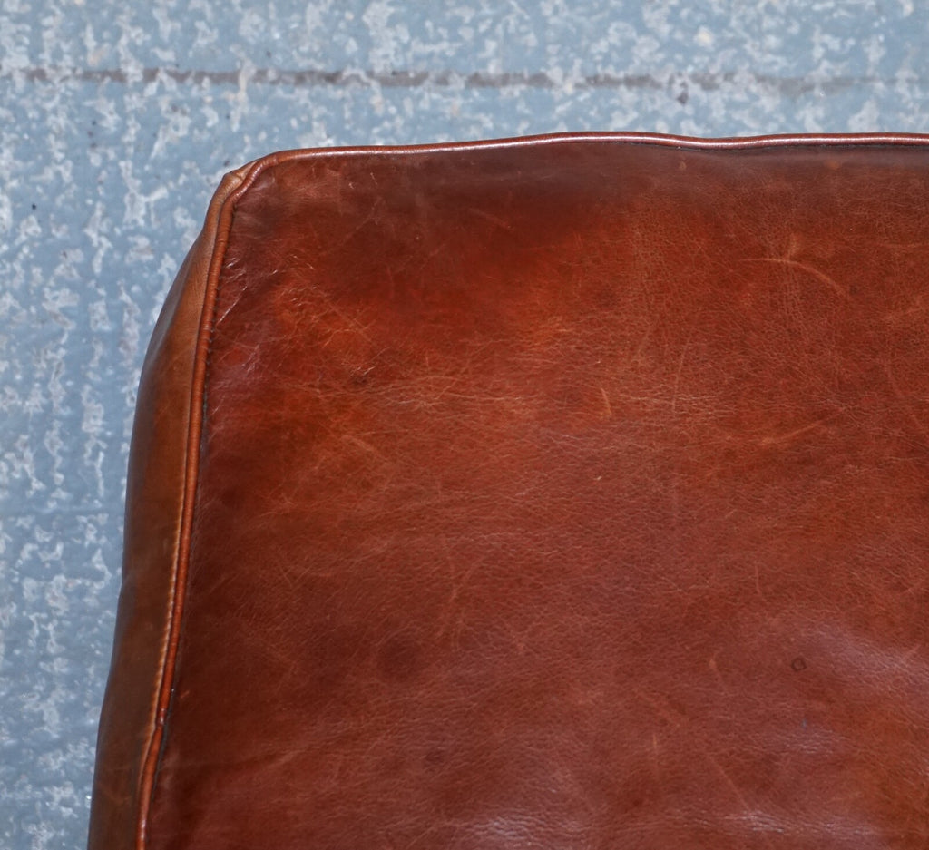 LOVELY VINTAGE BROWN LEATHER FOOTSTOOL FEATHER FILLED BRASS STUDS DETAIL
