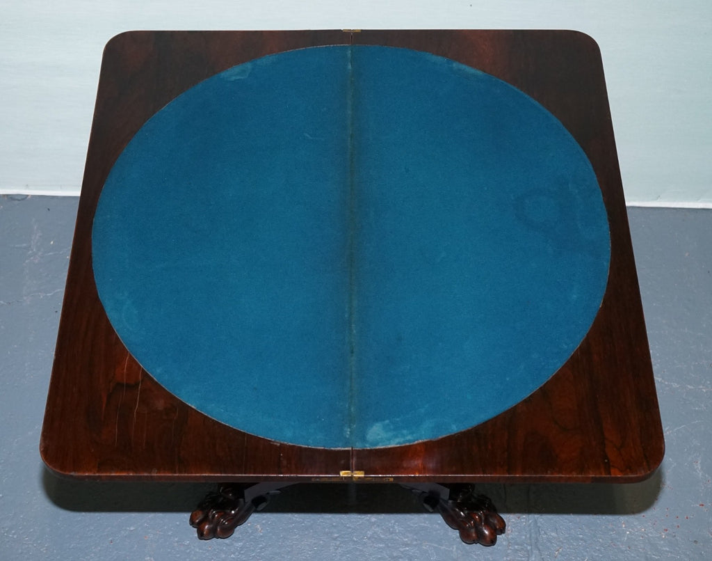 ANTIQUE 1830s WILLIAM IV FOLDING PEDESTAL CARD GAME TABLE CARVED PAW BASE