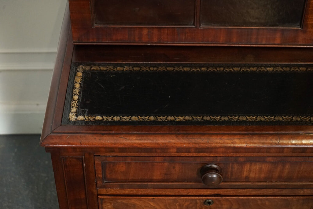 ANTIQUE DRESSER BOOKCASE DISPLAY CABINET ON CHEST OF DRAWERS BLACK LEATHER TOP