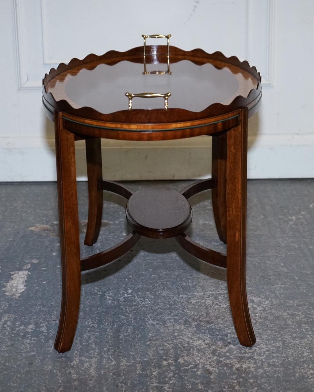 ANTIQUE RESTORED GEORGE III OVL SERVING TRAY AND TABLE WITH  SCALLOPED GALLERY