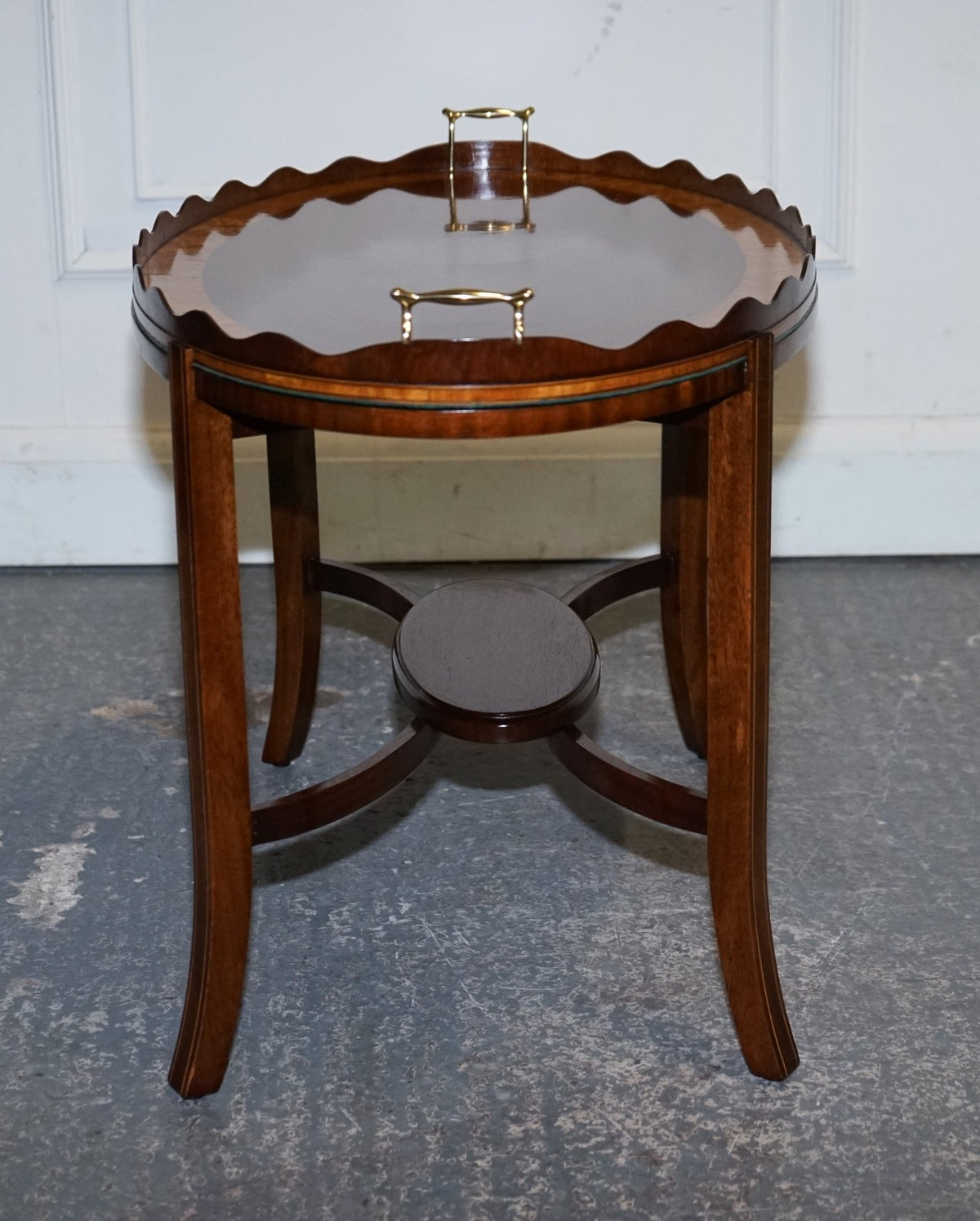 ANTIQUE RESTORED GEORGE III OVL SERVING TRAY AND TABLE WITH  SCALLOPED GALLERY
