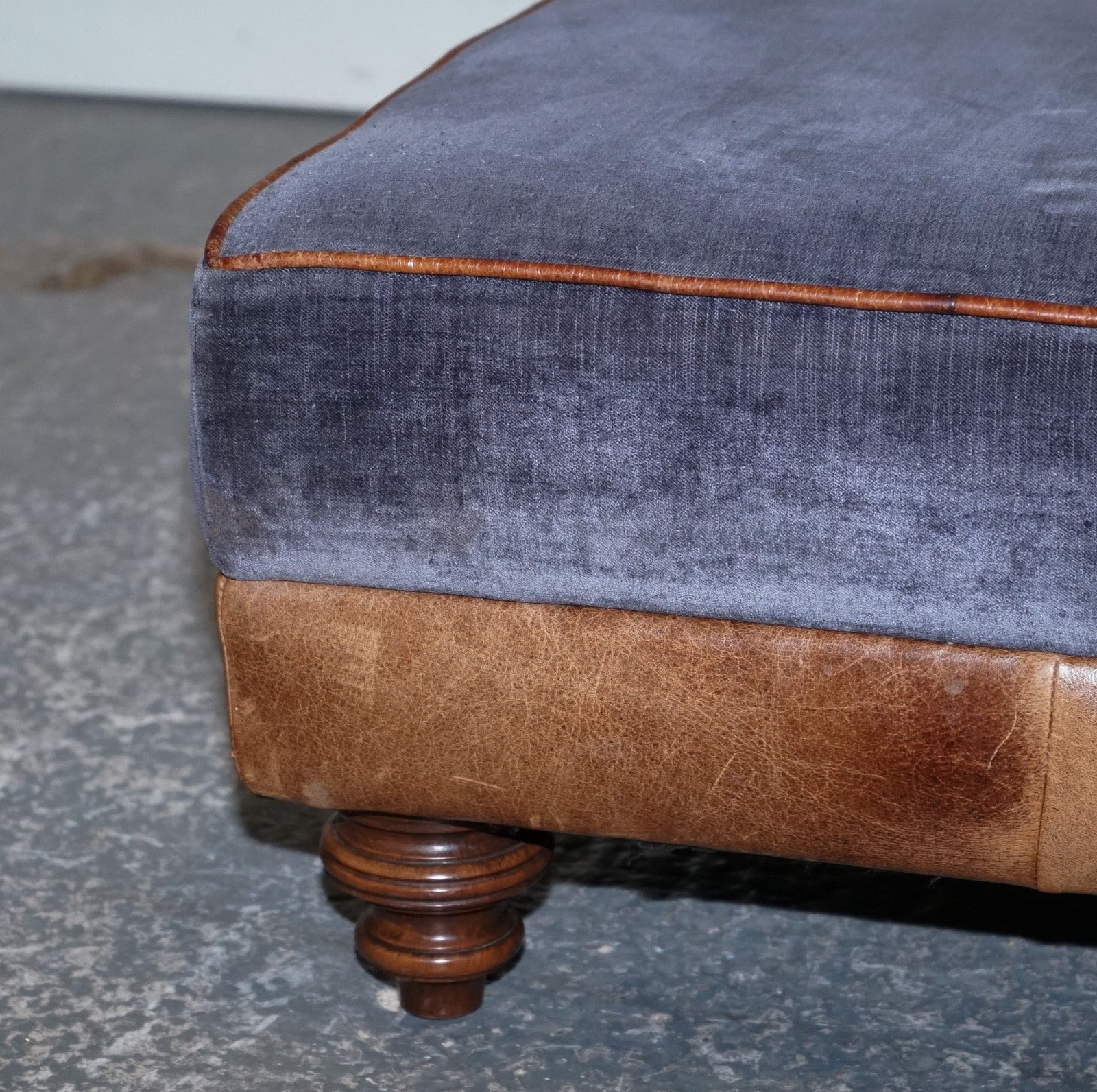 LARGE TETRAD CONSTABLE OTTOMAN RECTANGULAR FOOTSTOOL BLUE FABRIC & LEATHER BASE