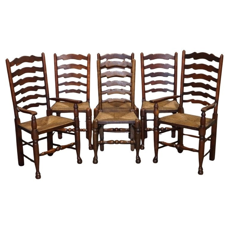 SET OF SIX ENGLISH ANTIQUE CIRCA 1910 LADDERBACK RUSH SEAT DINING CHAIRS
