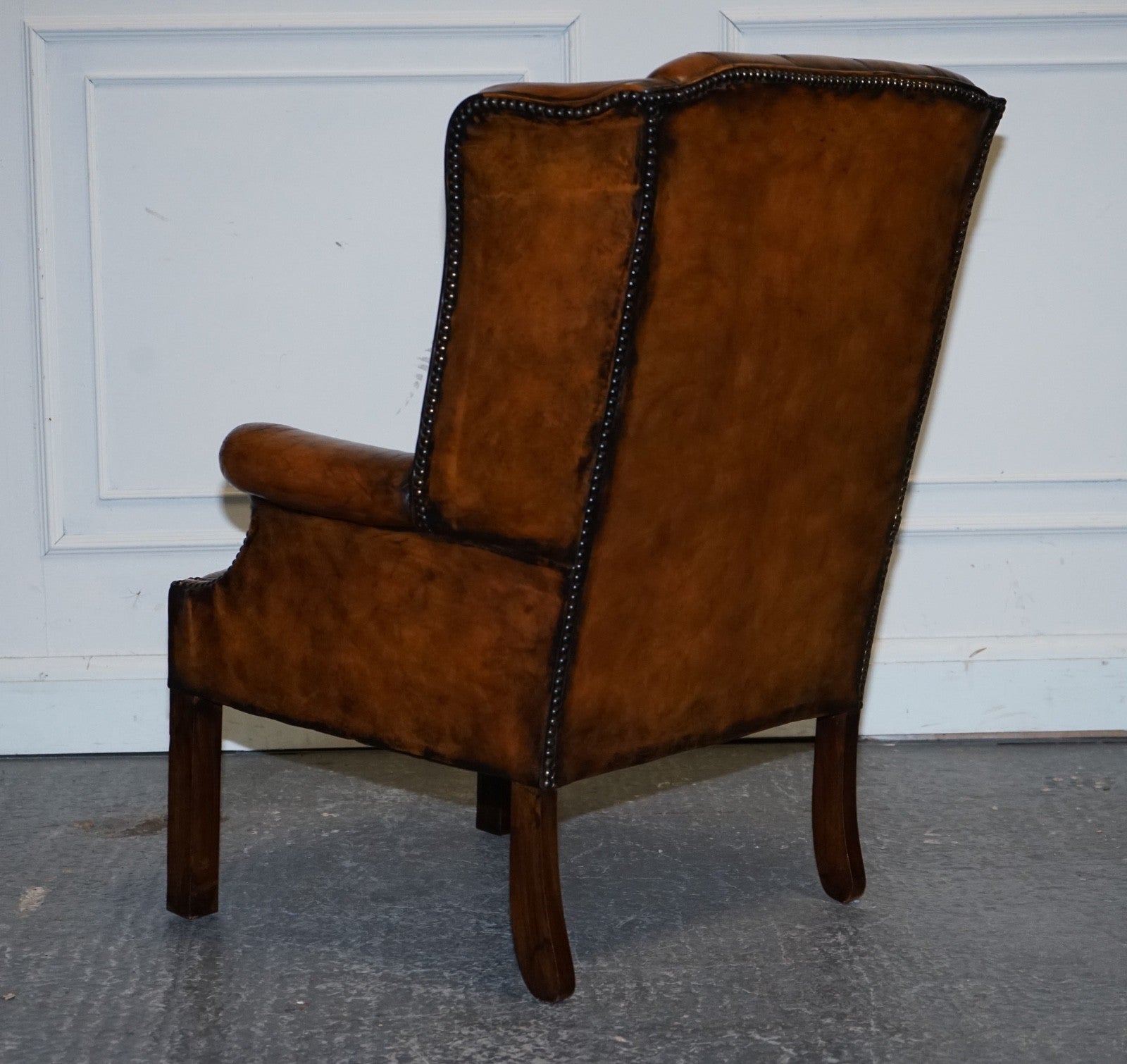 STUNNING 1960'S HAND DYED BROWN LEATHER CHESTERFIELD WINGBACK ARMCHAIRS