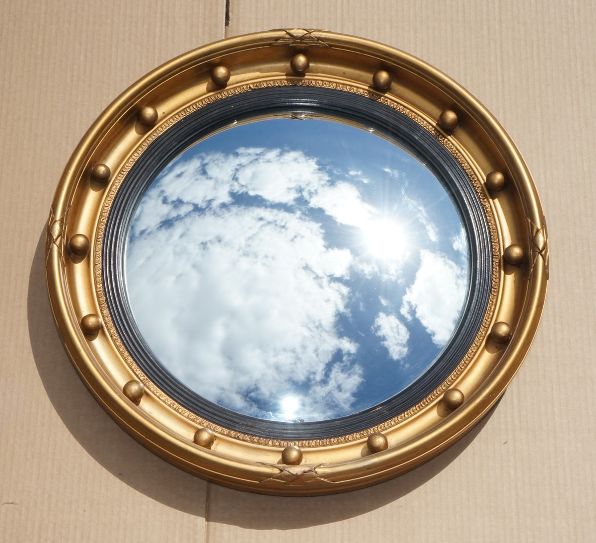 ANTIQUE 1920S BUTLERS CONVEX GOLD GILT WOOD WALL MIRROR