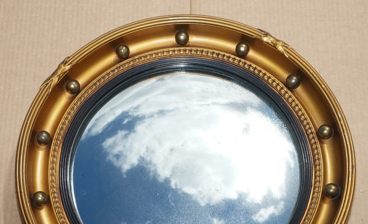 ANTIQUE 1920'S BUTLERS CONVEX GOLD GILT WOOD WALL SLIGHTLY FOXED MIRROR