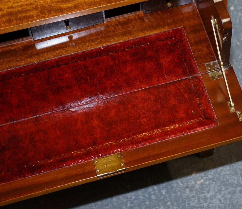 VINTAGE MILITARY CAMPAIGN SECRETAIRE CHEST OF DRAWERS WITH AGED RED LEATHER