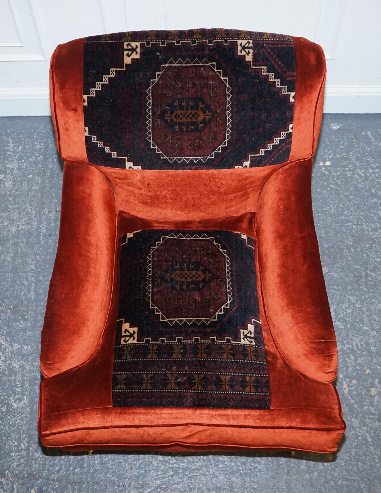 VINTAGE RED VELVET & AZTEC KILIM UPHOLSTERED HOWARD GEORGE SMITH STYLE ARMCHAIR