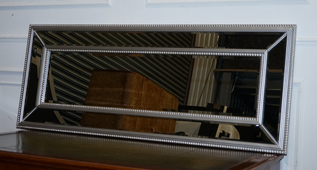 BEAUTIFUL LARGE SILVER BEADED CUSHIONED BEVELLED RECTANGULAR MIRROR