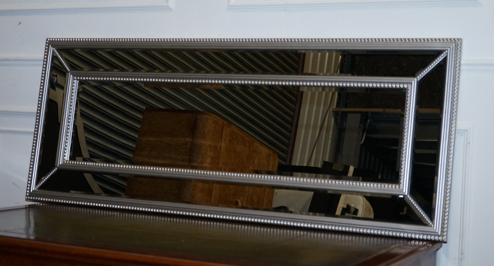 BEAUTIFUL LARGE SILVER BEADED CUSHIONED BEVELLED RECTANGULAR MIRROR