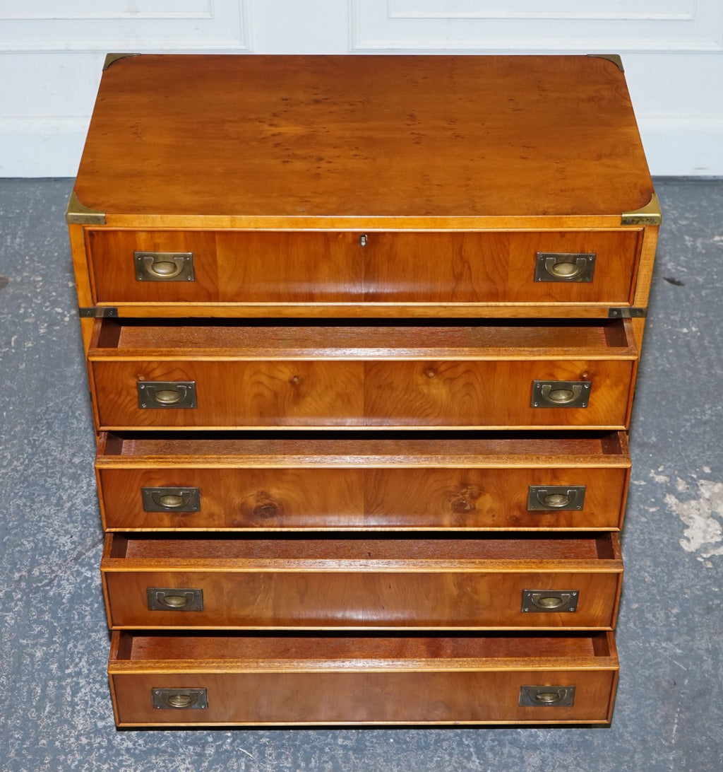VINTAGE MILITARY CAMPAIGN YEW WOOD SECRETARY CHEST OF DRAWERS WiTH BRASS HANDLES
